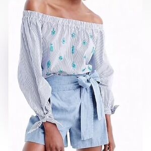 J. Crew Blue White Striped Off Shoulder Turquoise Embellished Blouse 10T Tall
